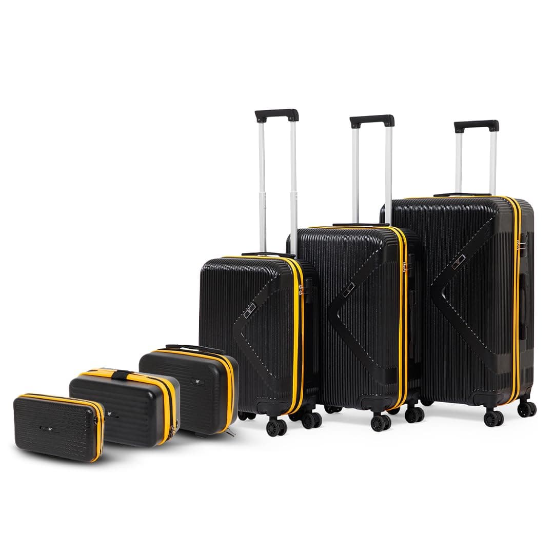 VLITE Brampton 6-Piece Family Luggage Set – 3 Trolley Suitcases (20”/24”/28”) + 3 Vanity Cases (8”/10”/13”), Lightweight Unbreakable Polycarbonate, 8 Spinner Wheels, Number Lock (Set of 6, Black)