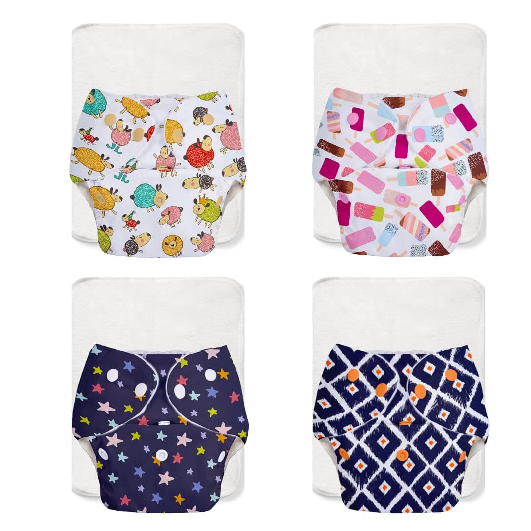 Superbottoms BASIC EASY - Pack of 8 |4 Cloth Diapers+ 4 Inserts - Freesize Adjustable & Reusable Cloth Diaper for babies 0-3 Years | With quick drying prefold style soaker-Assorted
