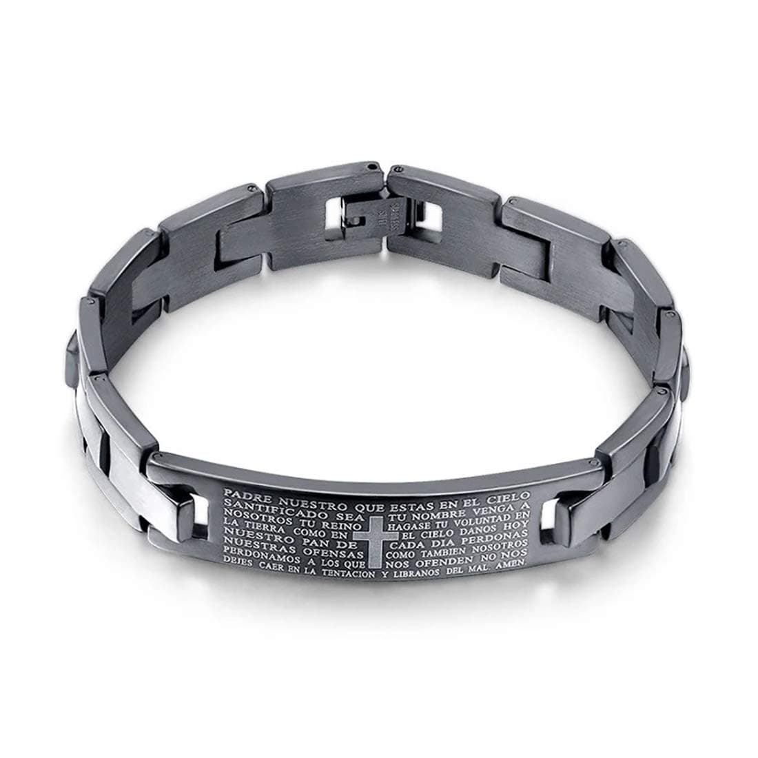 Aaishwarya Lord's Prayer Inscribed Cross Black Bracelet | Stainless Steel Anti-Tarnish Wristband | Bracelets for Men and Boys | Religious Faith Jewelry | Gift for Him