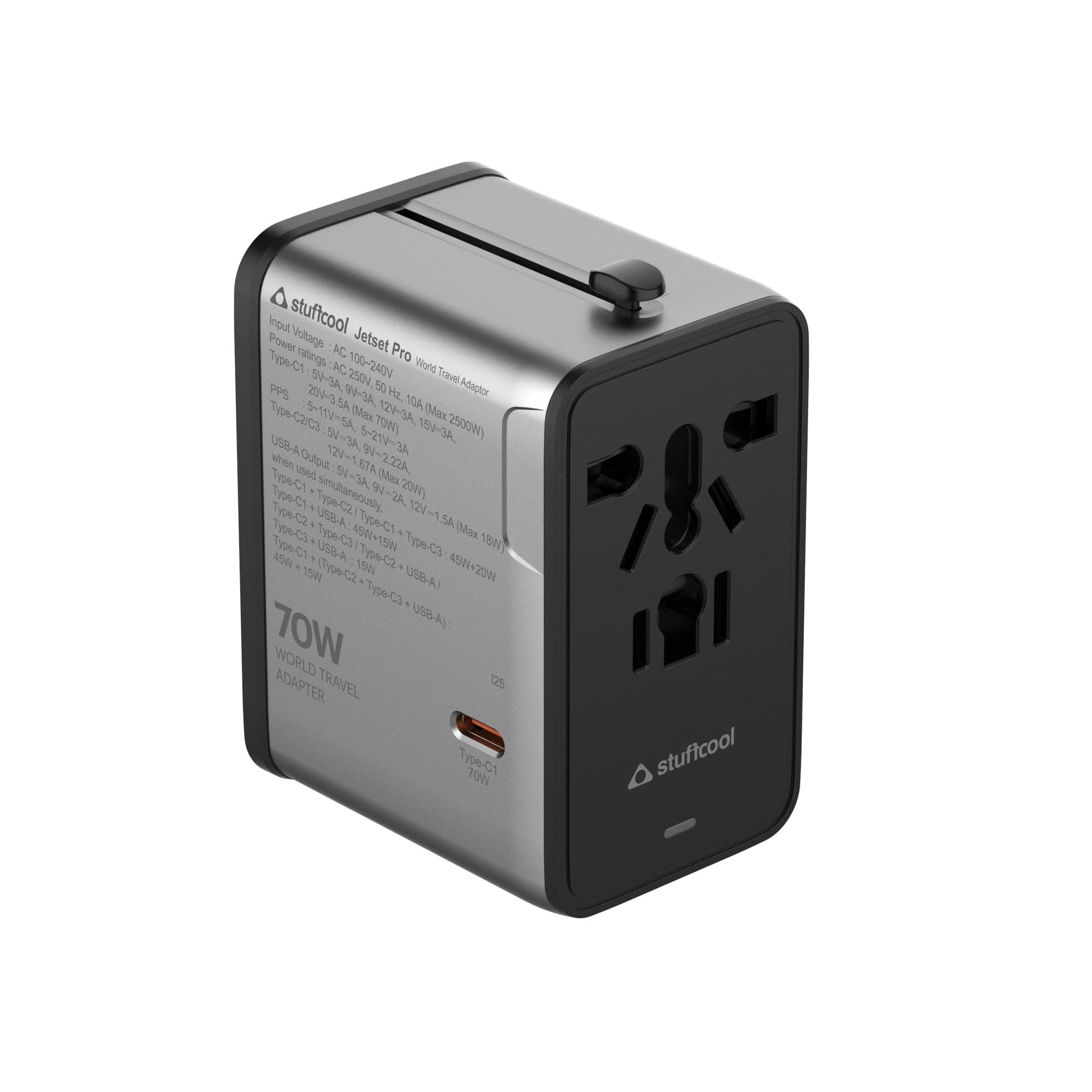 Stuffcool Jetset Pro Smallest 70W GaN International Travel Adapter with 4 USB Ports EU UK USA AUS Plugs SFC 2.0 Charges MacBook Laptops iPhones in 200 Countries
