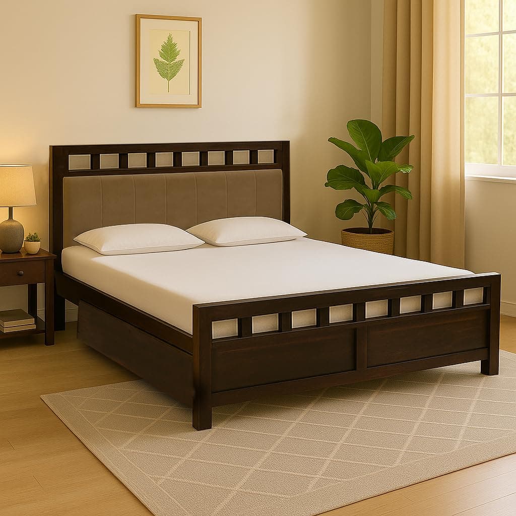 EXCEL HOME Solid Sheesham Wood Queen Size Bed with Drawer Storage | Wooden Double Bed with Drawer Box Storage & Upholstered Cushined Headboard for Bedroom | PT Color Finish