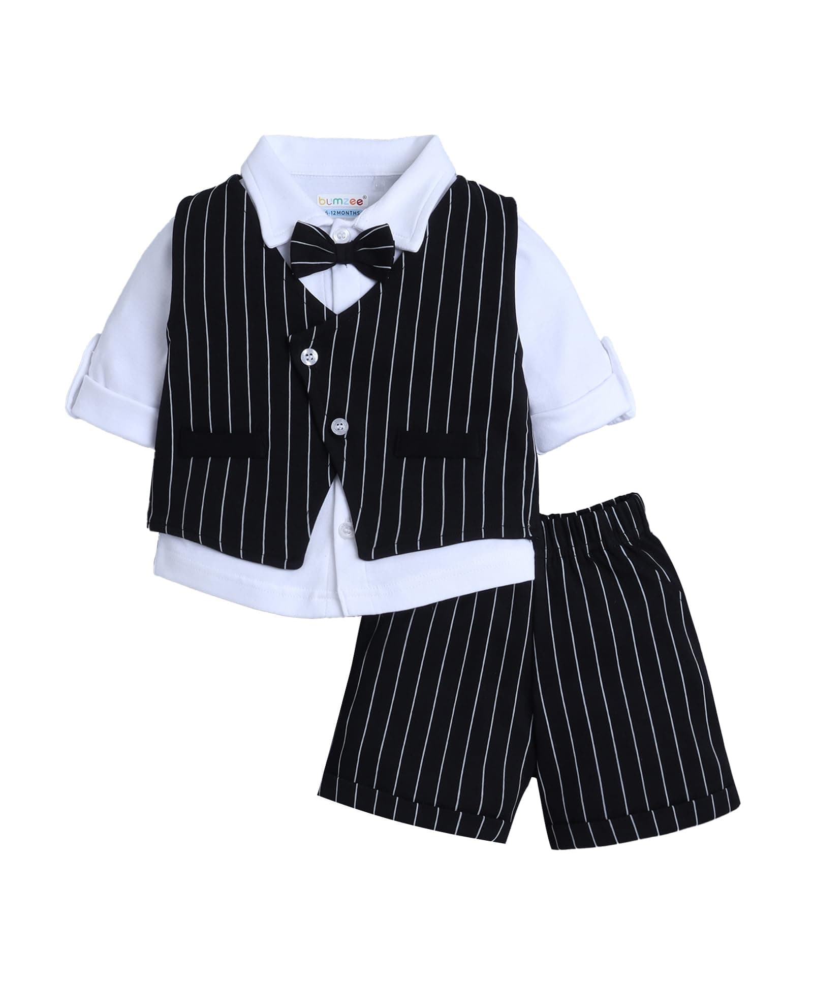 BUMZEE Boys Regular Fit Full Sleeves Collar Neck Cotton Shirt Waistcoat Short Set with Applique Bow