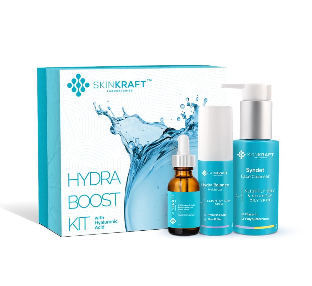 SkinKraft Hydra Boost Kit With Hyaluronic Acid | 3 Step Gift Set | Cleanser, serum & moisturizer | Hyaluronic Acid | Brightens dullness by boosting skin hydration | For normal skin