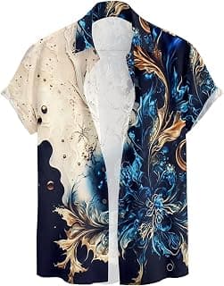 Generic Men's Short Sleeve Button Up Shirt, Blue Gold Abstract Print, Casual Hawaiian Style