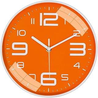 TEKCOOL Wall Clock 12" Silent Quartz Decorative Latest Wall Clock Non-Ticking Classic Clock Battery Operated Round Easy to Read for Room/Home/Kitchen/Bedroom/Office/School - Analog, Plastic Orange
