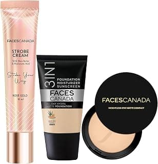 FACES CANADA Full Cover Glam Combo - Strobe Cream - Rose Gold (18 ml) + Weightless Stay Matte Compact Powder - Natural 02 (9 gm) - Hydra Matte Foundation - Absolute Ivory 012 (18 ml) | Illuminating & Glowing Makeup Base | 10HR Long Wear