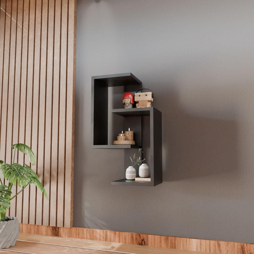 flux Four Tier Cup Wall Shelf Rack Dispplay Floating Hanging Shelf for Room Organizer (Black)