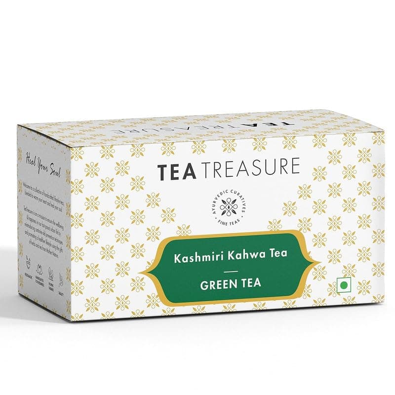 Tea Treasure Kashmiri Kahwa Green Tea |Detoxification, Body Cleanse & Immunity Booster With Almond, Cinnamon, Black Pepper, & other spices |Kashmiri Kahwa - 50 Tea Bag
