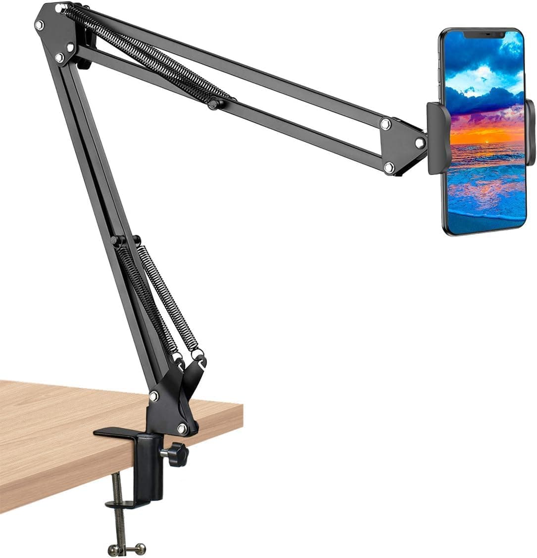 Elfora Adjustable Overhead Mobile Phone Holder with Long Arm for Video Recording, Streaming, Office Use, Cooking, Crafting Videos Compatible with Devices Up to 4-7 Inches (Black)