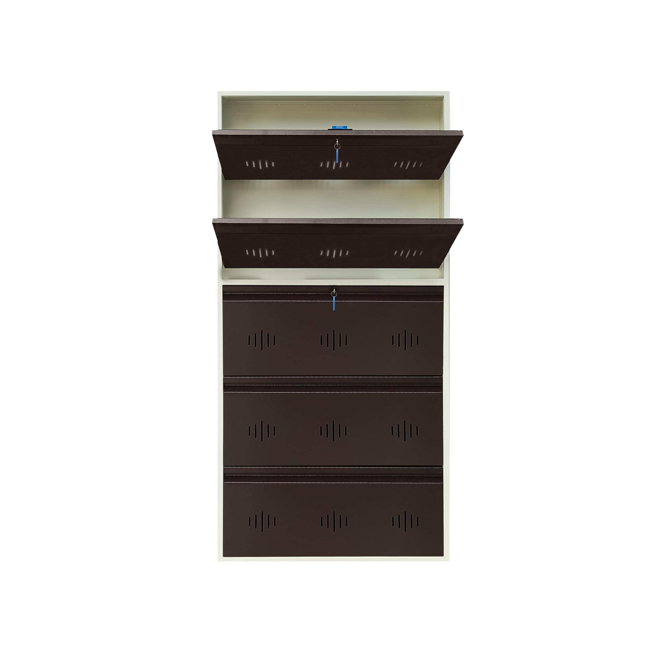 StayHappy 5 Door Wall Mounted Shoe Rack | Metal Shoes Rack for Home with Dual Lock | Wall Mount Chappal Sandal Shoe Organizer | MS Steel Wall Mounted Shoe Rack. (Brown, 5 Door)