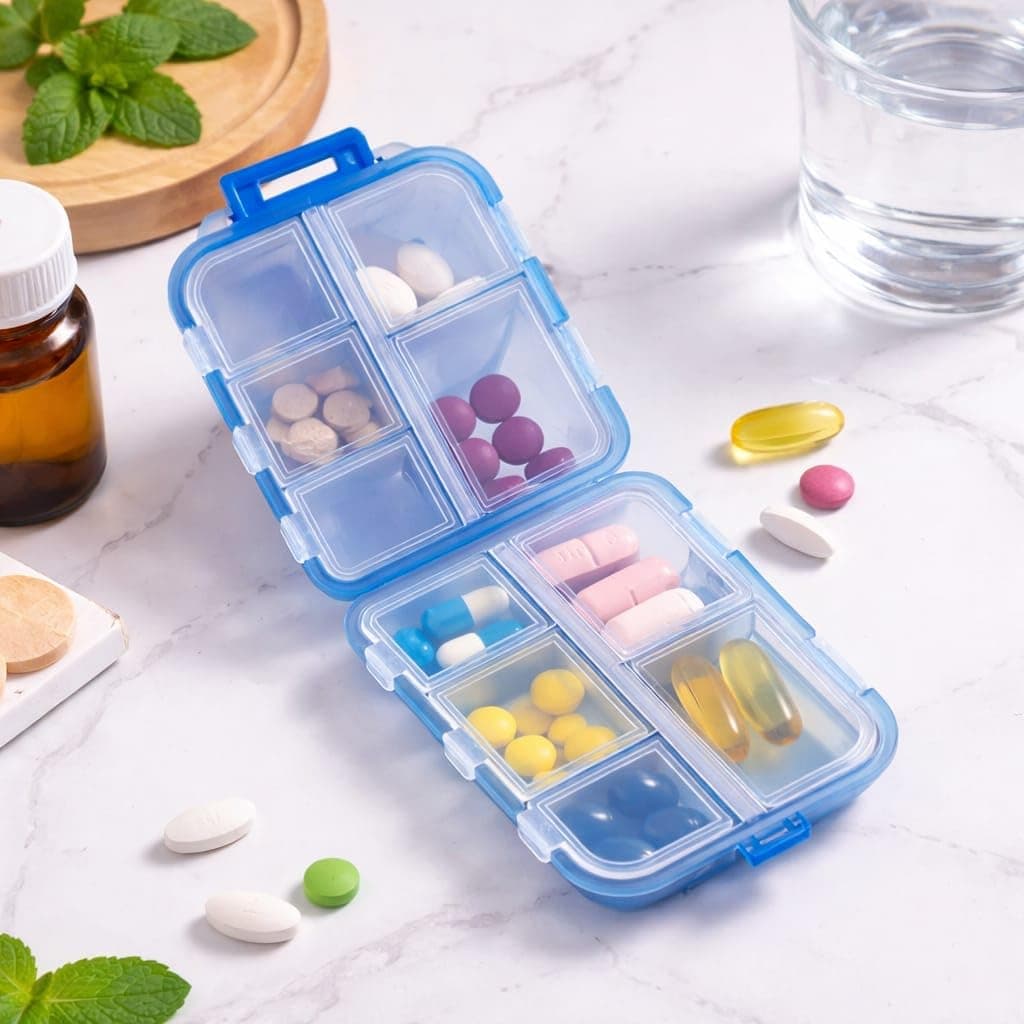 10-Compartment Travel Pill Organizer | Portable Folding Medicine Box & Daily Vitamin Case | Moisture-Proof Pocket Tablet Dispenser for Supplements, Fish Oil & Medication (Blue)