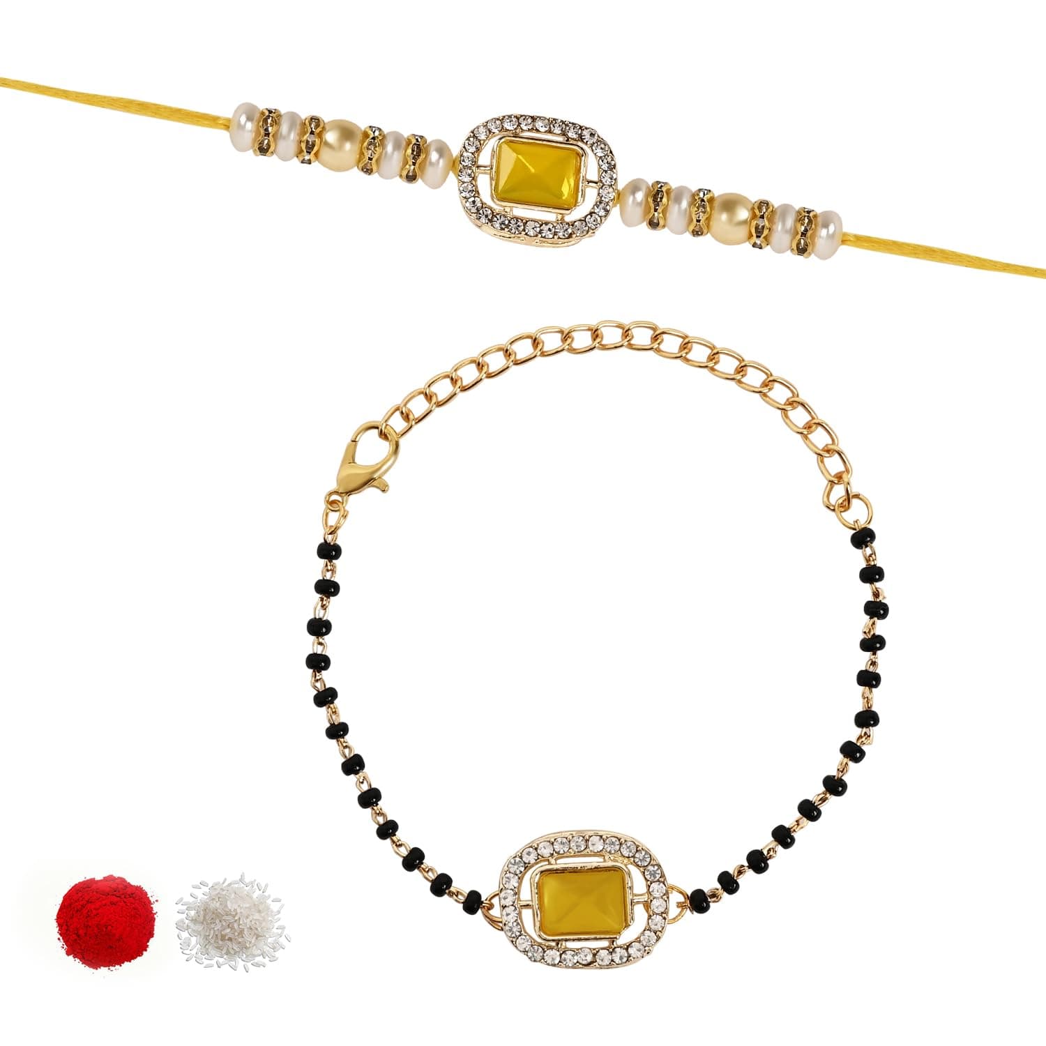 I Jewels Pearl Bhaiya Bhabhi Lumba Rakhi & Mangalsutra Bracelet with Roli Chawal & Rakshabandhan Card