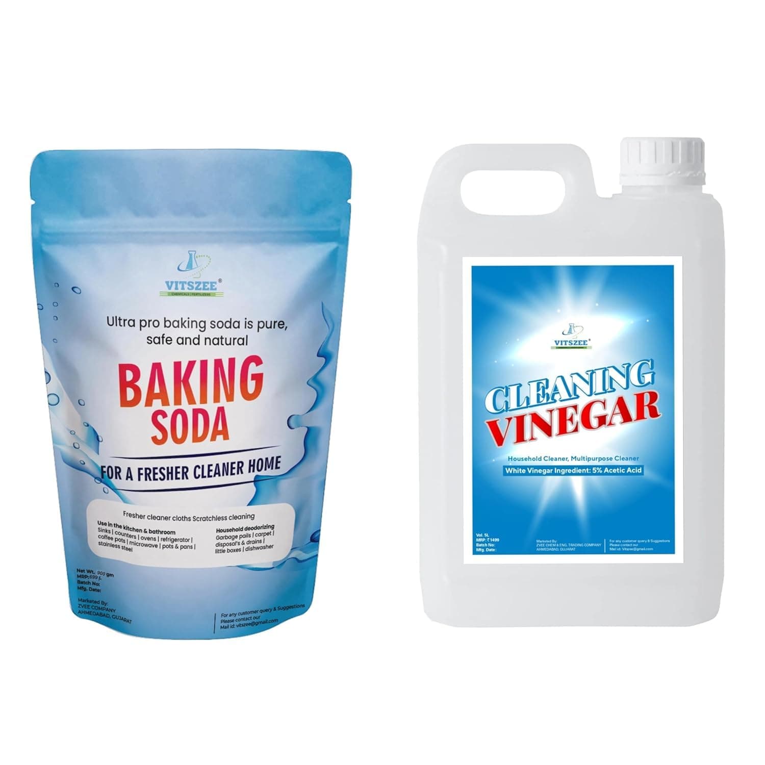VITSZEE Cleaning Vinegar 1L and Baking Soda Powder 900g | Natural Multi-Purpose Cleaner Combo | Kitchen, Bathroom, Floor, Drain & Odor Removal