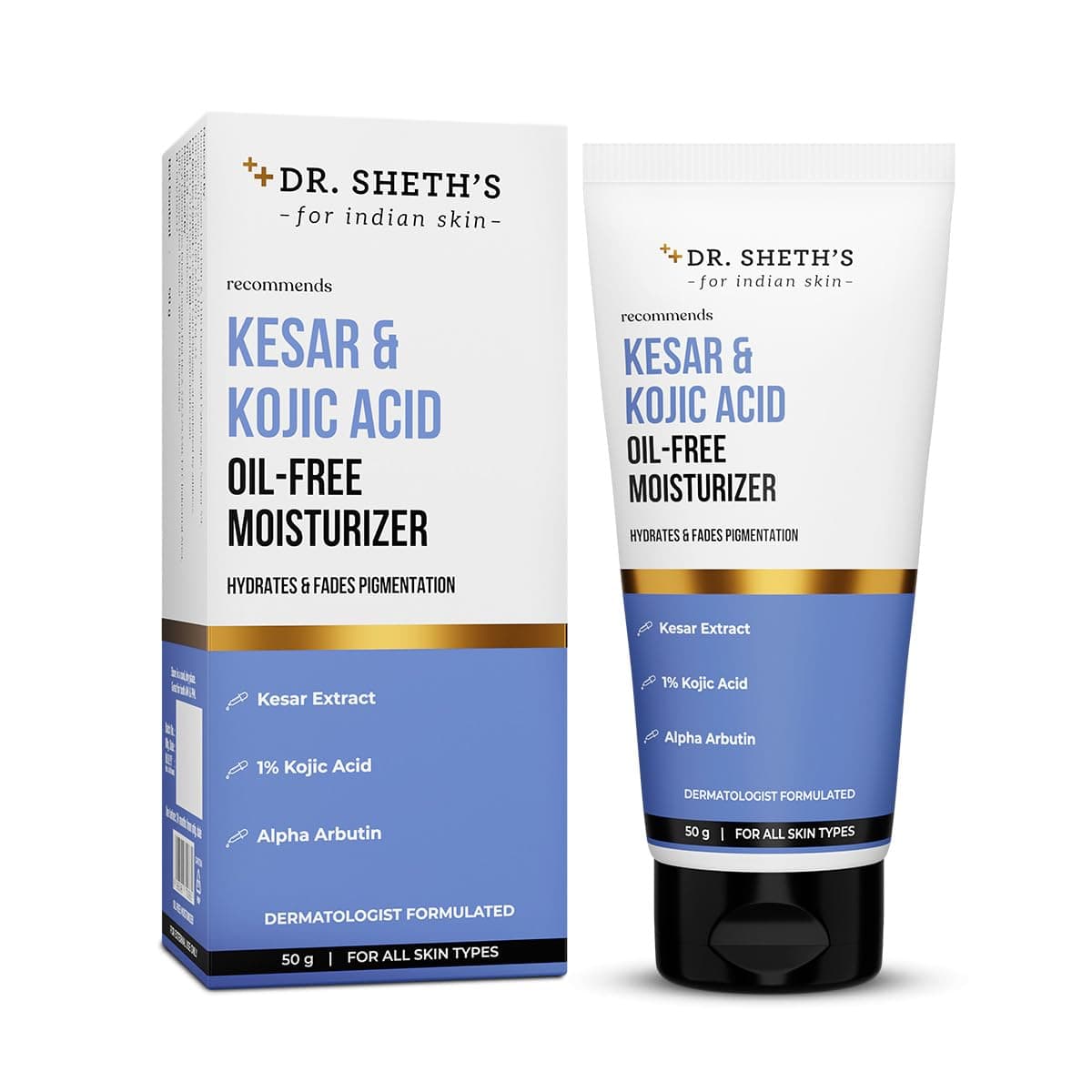 Dr. Sheth's Kesar & Kojic Acid Oil-Free Moisturizer | With 1% Kojic Acid | Lightweight Gel Cream Texture | Brightening & Hydrating | Fades Pigmentation | For Oily, Combination & Acne-Prone Skin | For Men & Women | 50 g