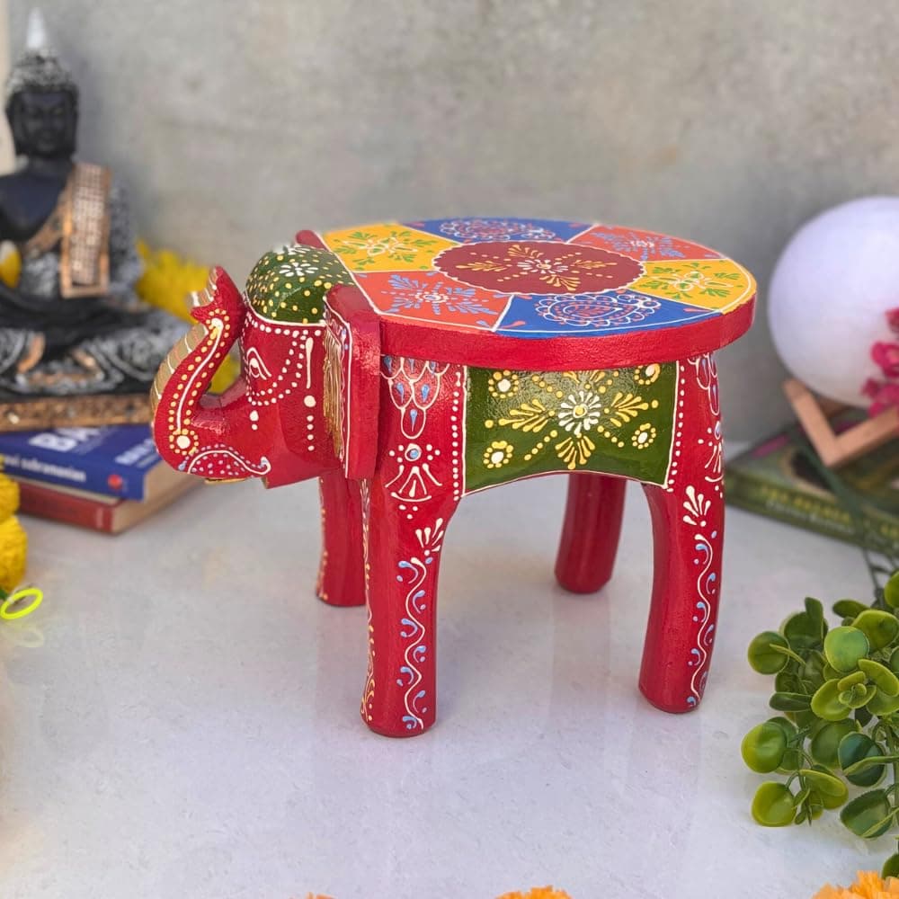Handcrafted Wooden Elephant Stool | Decorative Hand Painted Elephant Table | Multipurpose Small Stool for Living Room, Mandir Chowki, Plant Stand & Home Decor | Traditional Rajasthani Art 8 inch