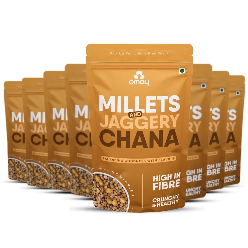Omay Foods Millets & Jaggery Coated Chana, 30g Pouch (Pack of 8) | Healthy, Roasted, Guilt-Free Snack | 100% Oil-Free | Trail Mix | Millets (Bajra), Jaggery (Gur) | No added Sugar
