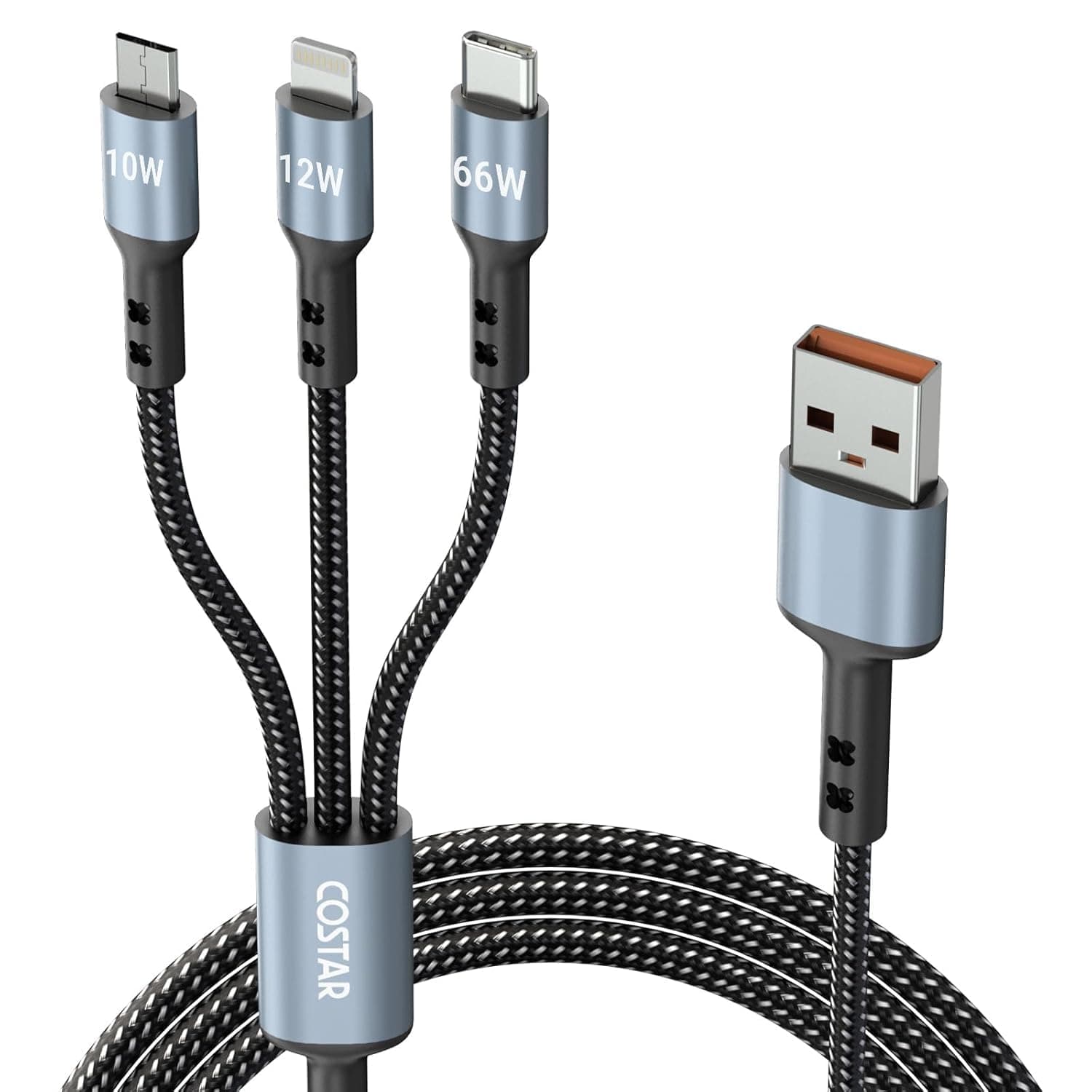 COSTAR 60W 3-in-1 Multi Fast Charging Cable – 3A Nylon Braided 1.5M Cable with Type-C & Micro USB for iPhone, iPad, Samsung, OnePlus, Xiaomi, Oppo, Vivo, Android & Car Charging (Grey)