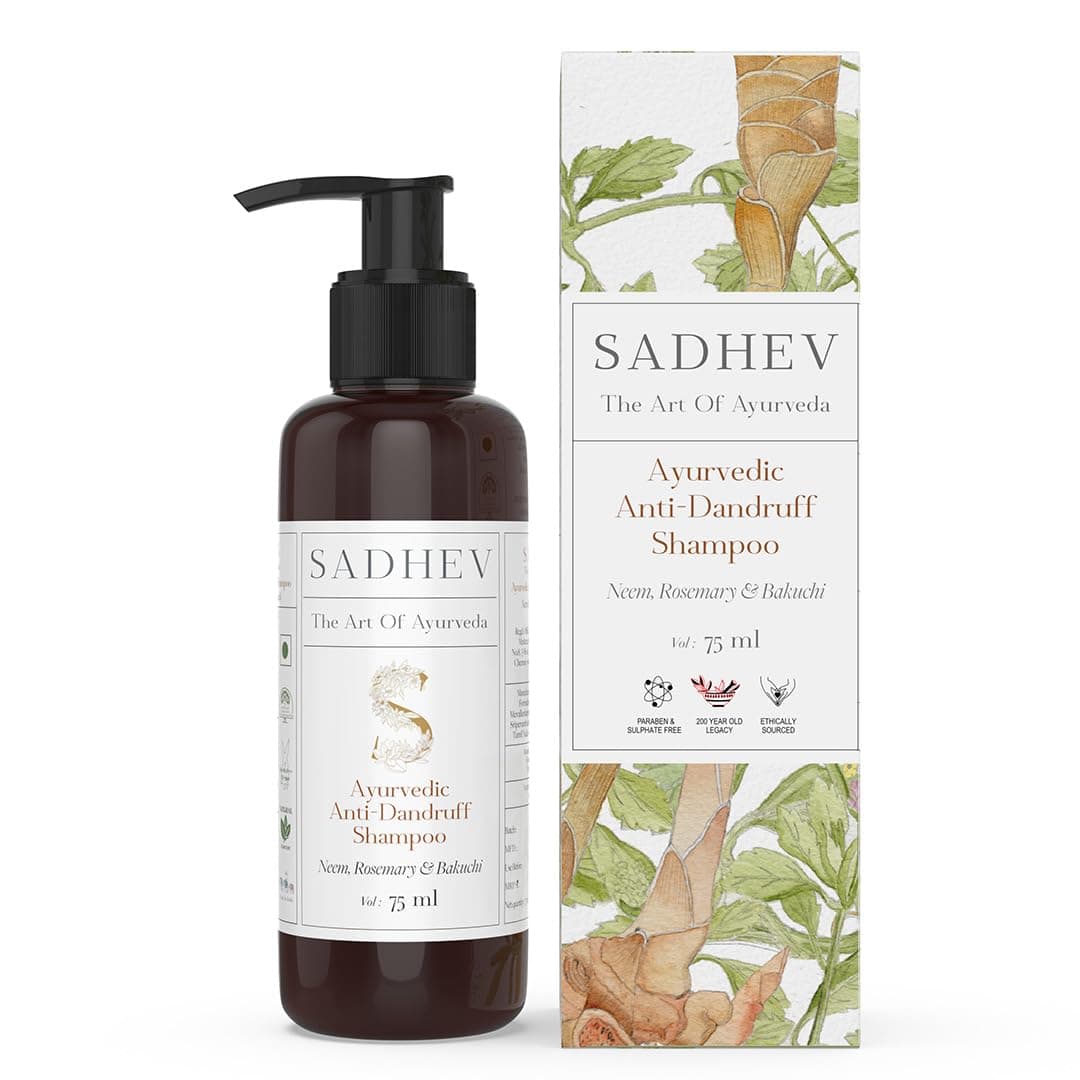Sadhev Ayurvedic Anti Dandruff Shampoo – Neem, Rosemary, Bakuchiol, Aloe Vera & Wild Ginger | Ayurvedic Herbal Shampoo for Dandruff Control, Itchy Scalp & Hair Fall | Sulphate-Free, Paraben-Free, Vegan | 75ml