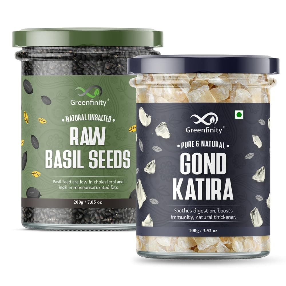 Greenfinity Basil Seeds & Gond Kateera Combo | 200g Sabja Seeds + 100g Tragacanth Gum | Summer Body Coolant | Digestion & Weight Management | 100% Natural | FSSAI Certified