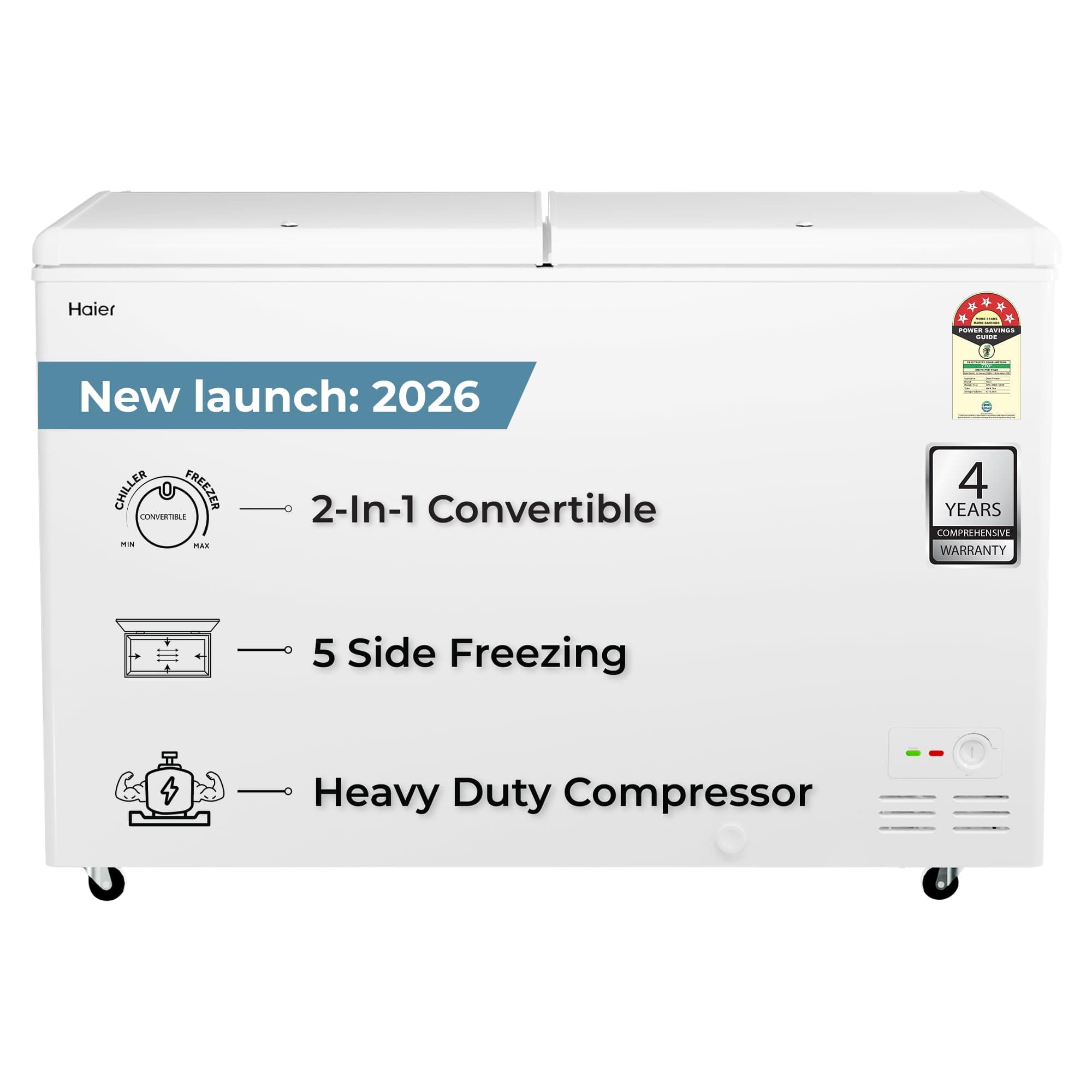 Haier HFC-500DPW5, 5 Star (2026 Star Rating) Double Door Convertible Deep Freezer, 5 Side Freezing, Dual Condenser, Inside Metal Liner with 70mm Puff Thickness (White 439L)