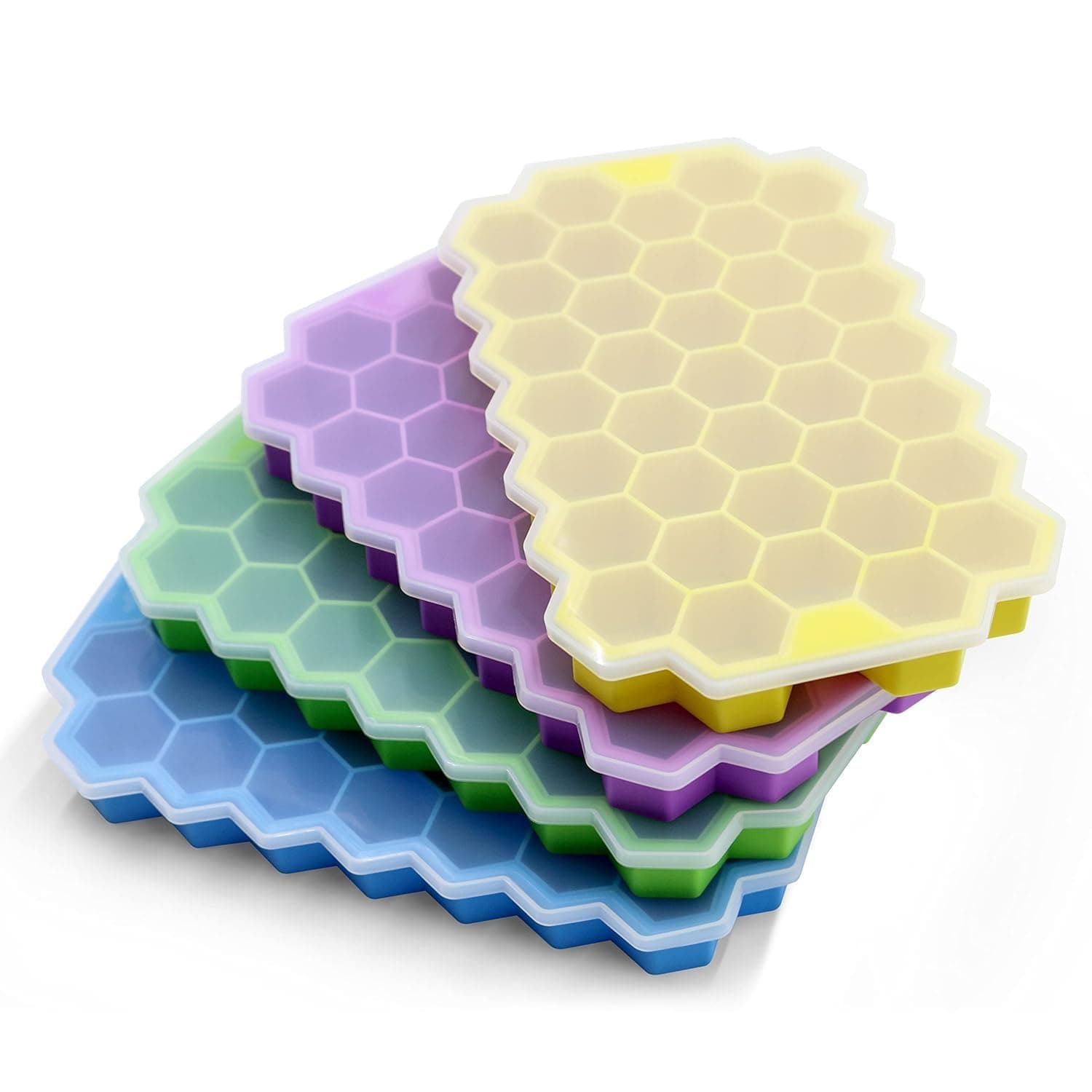 CLOUDVALLEY 4 Pack Silicone Ice Cube Trays with Lids Easy-Release Hexagon Ice Maker for Freezer, Reusable Food-Grade Ice Molds for Cocktail Bar, Whiskey, Iced Coffee & Home Kitchen (Multi Color)