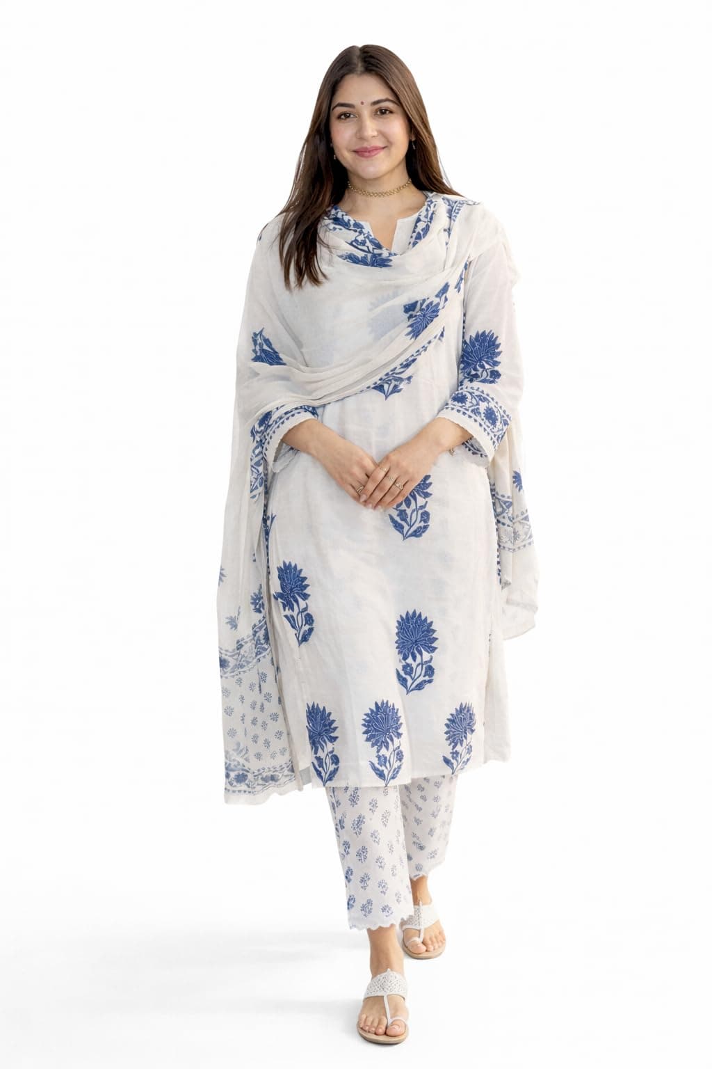 BLACK TEETAR Women's Hand Block Floral Printed Straight Kurta Set with Palazzo Pants & Dupatta Ethnic Kurta Set for Casual Outings Day Events Summer Wear Festive