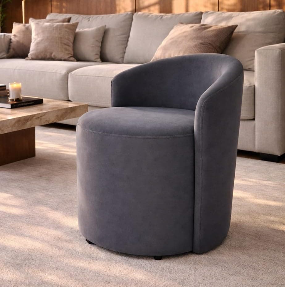 Solid Wood Upholstered Ottoman Stool For Living Room With Backrest | Memory Foam Mudda Puffy Stool for Drawing Room | Sofa Style Accent Chair for Dressing Table & Bedroom | Round Footrest | Grey