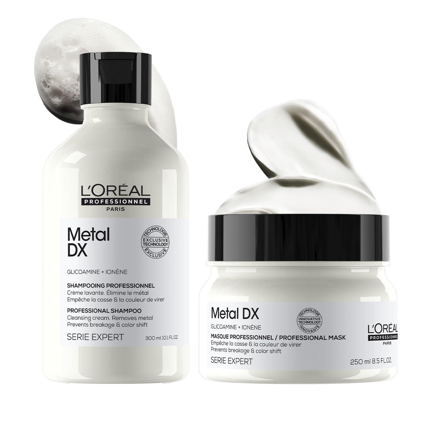 L’Oréal Professionnel Metal DX Anti-Metal Sulfate-Free Cleansing Cream Shampoo & Mask 300ml+250ml | Professional Routine for Less Breakage, Get Strong & Shiny Hair | With Glicoamine | For Men & Women
