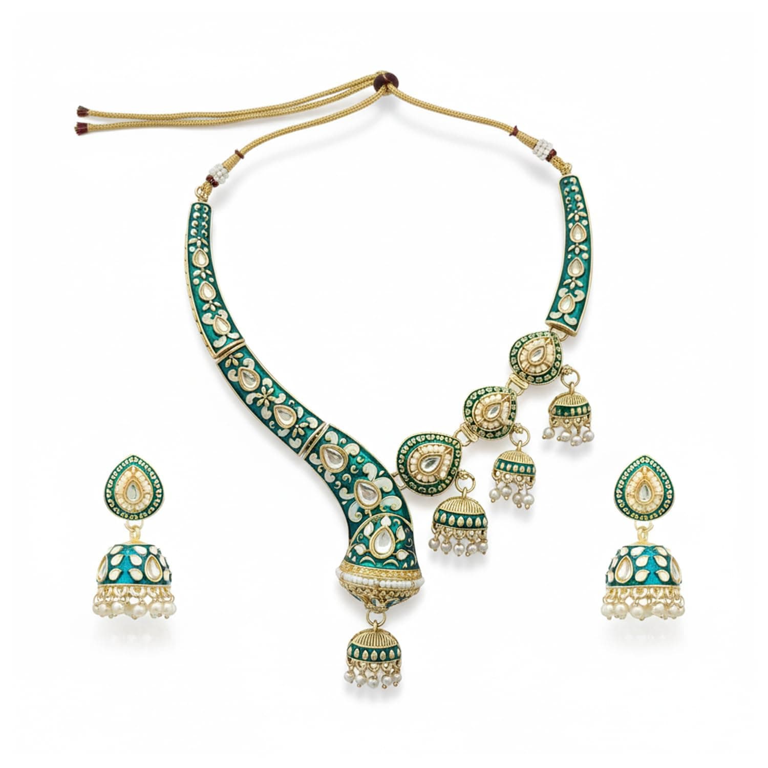 I Jewels Gold Plated Traditional Kundan Pearl Meenakari Necklace with Jhumka Earrings Jewellery Set for Women