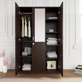 Nilkamal Willy Neo 3 Door Wooden Wardrobe with Mirror for Bedroom | Almirah with 1 Hanging Rod, 8 Shelves | Clothes Cupboard | Engineered Wood | Wenge