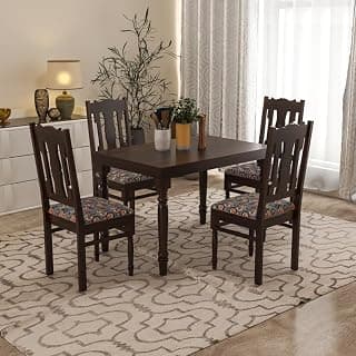 VK Furniture Sheesham Solid Wood 4 Seater Dining Table Set of Four with 4 Print Cushion Chairs for Dinner Hall Kitchen Living Room Home Office Restaurant |L45 X W30 X H30|Dark Walnut Finish