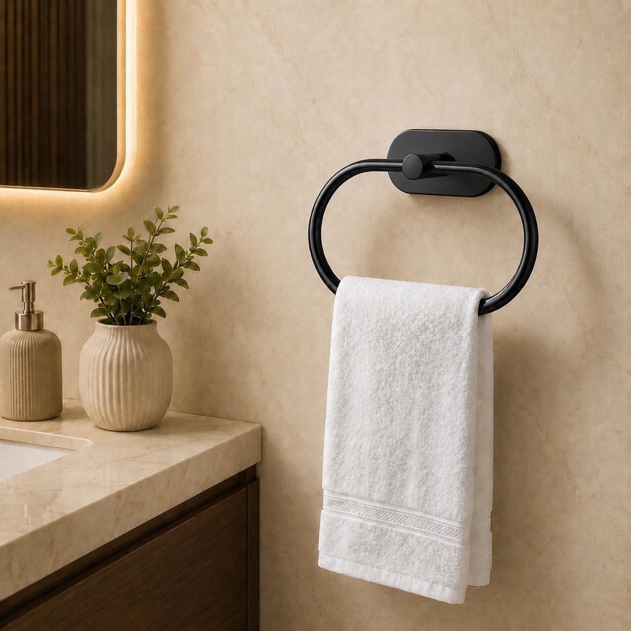 Oslen Premium Black Self Adhesive Towel Ring Holder – No Drill Bathroom Hand Towel Hanger, Heavy Duty Stainless Steel Wall Mount for Kitchen, Wash Basin & Bathroom