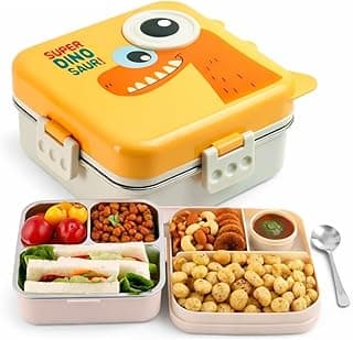 TEC TAVAKKAL Super Dinosaur Yellow Kids Lunch Box – Stainless Steel Insulated Tiffin for School with Spoon, BPA-Free | Leak-Resistant Bento Box with Tray & Container | 1120ml + 70ml (Dinosaur, Yellow)