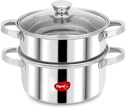 Pigeon By Stovekraft Steel X Steamer Stainless Steel Induction Base, Modak Maker/Momo Maker, Dual Compartment With Glass Lid, 4.6L Capacity, Silver, 4.6 litres