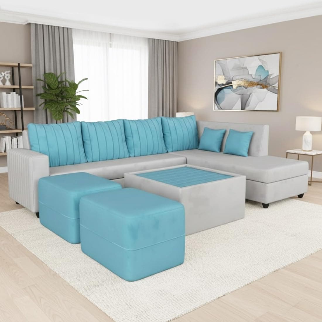 CASASTYLE Stylano 8 Seater Fabric RHS L Shape Sofa Set with 1 Centre Table & 2 Ottoman (Sky Blue-Light Grey) 8-Person Seating with Premium Velvet Finish