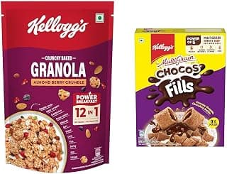 Kellogg’s Crunchy Almond Berry Crumble Granola 450g | 12-In-1 Power Breakfast | No Maida, No Palm Oil + Kellogg's Chocos Fills 250g | Double Chocolaty | 3 Grains: Oats, Wheat & Rice, Protein Rich