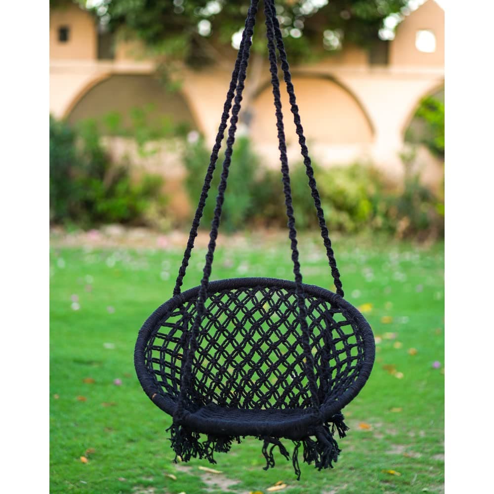 Patiofy Swing for Adults, Jhula for Living Room, Balcony, Home - Cotton Round Hammock Hanging Chair (Black), 45 Cm x 66 Cm x 20 Cm