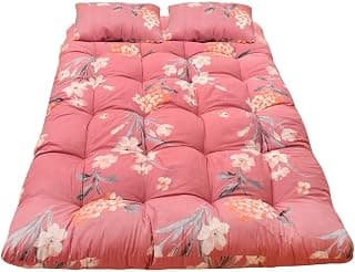 NEXTGO Mattress Double Bad Siz Foldable Lightweight Guest and Bachelor Tufted Ruyi Gadi with 2 Pillow and Zipper Cover Travel Cotton Blend Pink Multi Colour (Double 4 X 6,5)