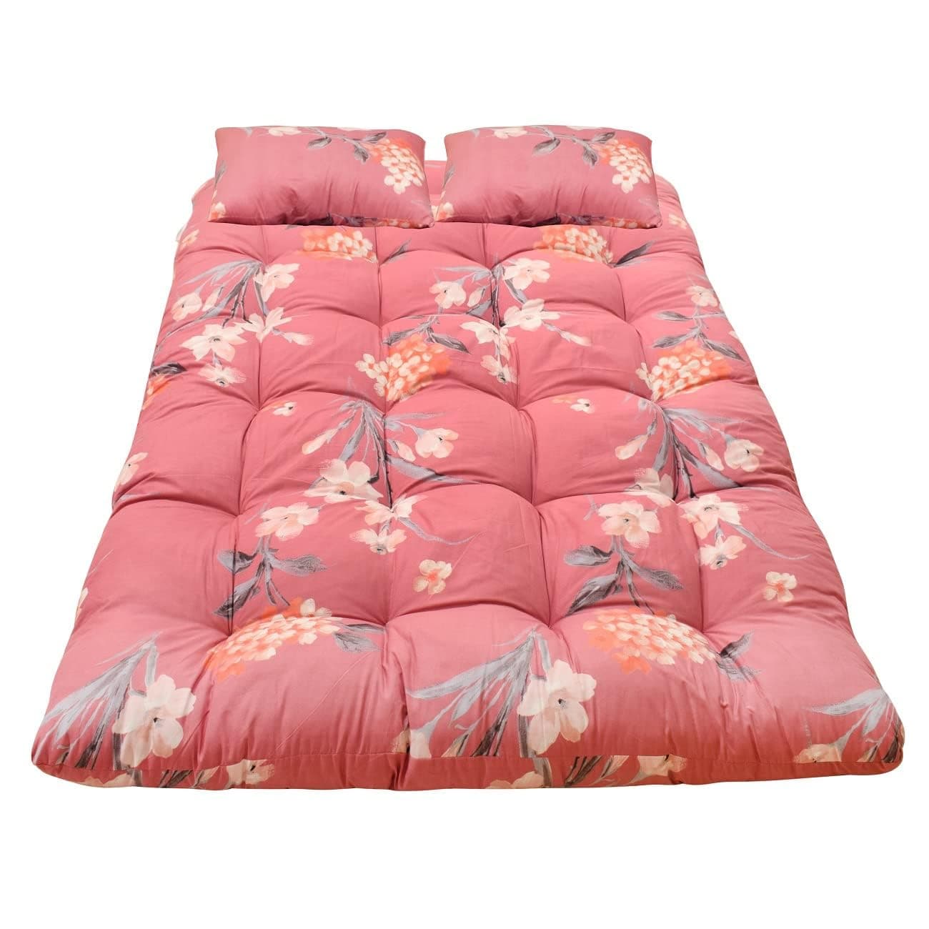 NEXTGO Mattress Double Bad Siz Foldable Lightweight Guest and Bachelor Tufted Ruyi Gadi with 2 Pillow and Zipper Cover Travel Cotton Blend Pink Multi Colour (Double 4 X 6,5)