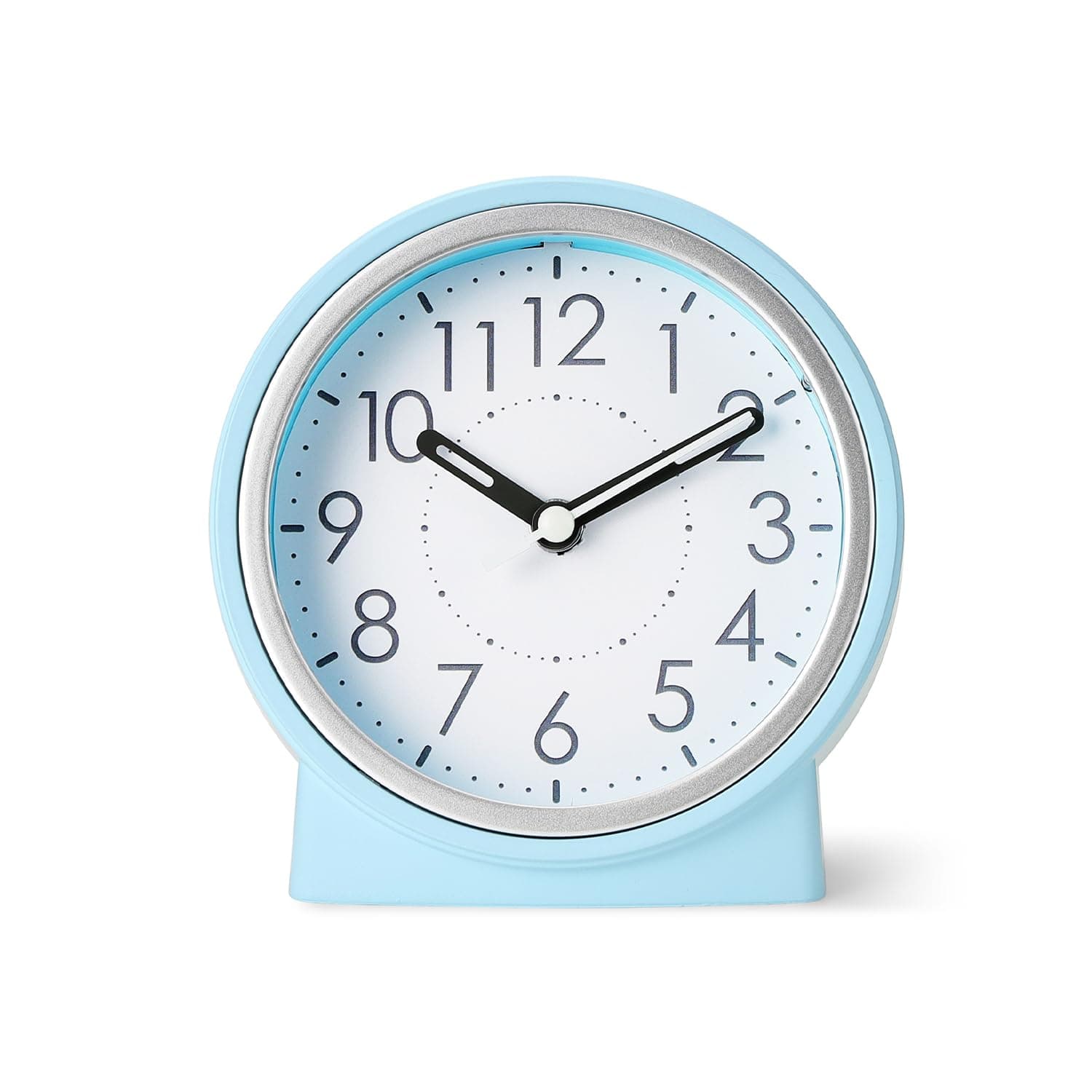 Amazon Basics Analog Table Clock with Alarm and Snooze, Silent Operation, Manual Brightness, ABS, Light Blue, Battery Operated Design for Home, Desk or Office Use (Size: 11.5 × 12.4 × 5.4 cm)
