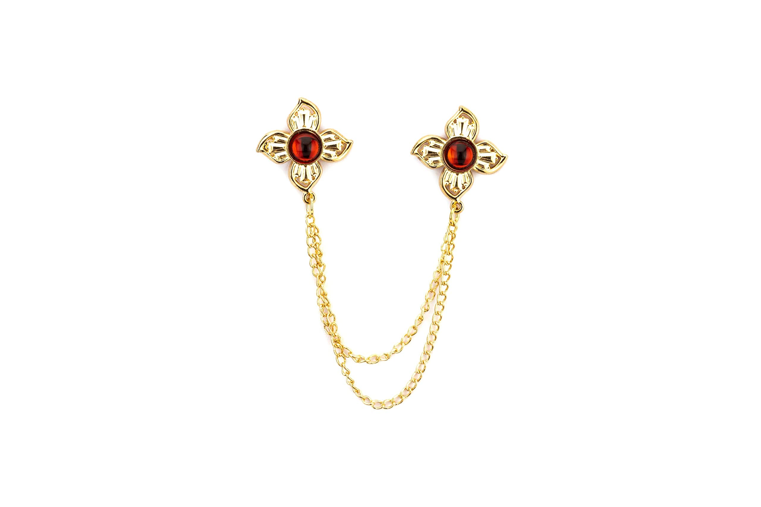 Knighthood Red And Black Stone Gold Star With And Hanging Tassel Chain Collar Pin Brooch, Suit Stud, Shirt Studs, Lapel Pin Accessories for Men Women