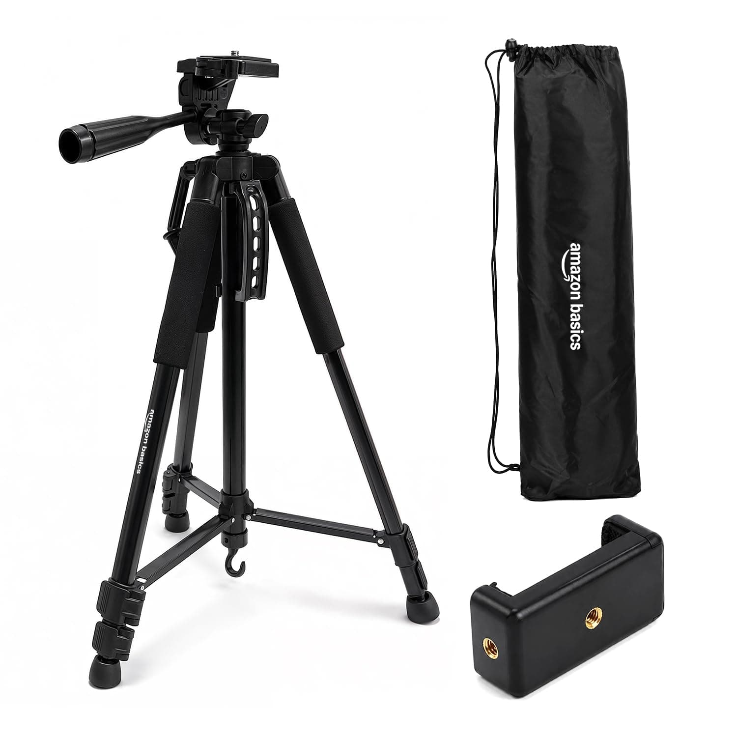 Amazon Basics 55-Inch Aluminium Tripod, Lightweight Portable Camera Tripod Stand with Carry Bag, 3-Way Pan Head, Quick Release Plate, for Smartphones, GoPro & DSLR, Load Capacity up to 5kg