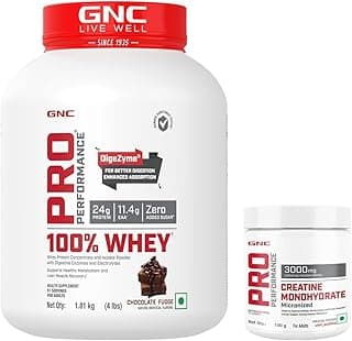 GNC Pro Performance 100% Whey Protein Powder | Formulated In USA | Chocolate Fudge | 4 Lbs + Pure Micronized Creatine Monohydrate | 100 Gm (33 Servings) Combo Pack, 2200 Grams