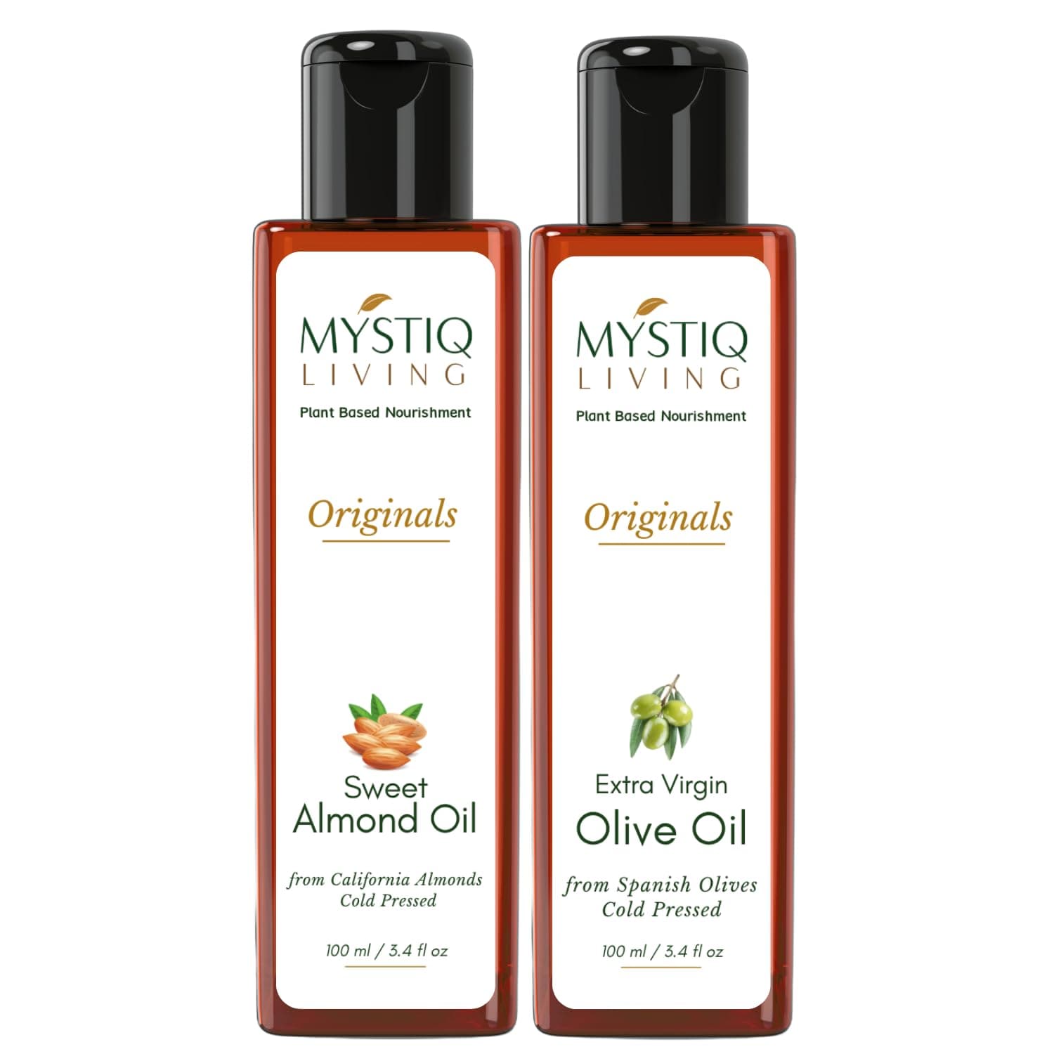 Mystiq Living Extra Virgin Olive Oil & Sweet Almond Oil Combo | For Hair, Skin And Massage | Cold Pressed, Pure & Natural - 200 ML (Pack of 2) (100 ML Each)