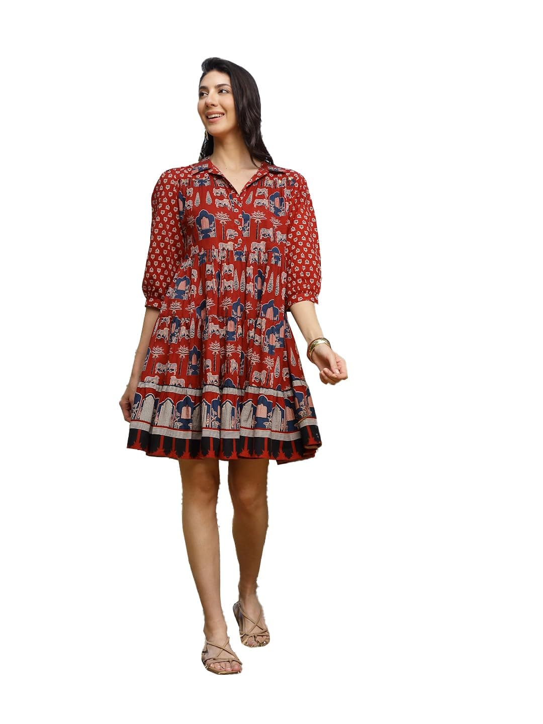 Stylum Women's Rust Ethnic Printed Cotton Flared Dress
