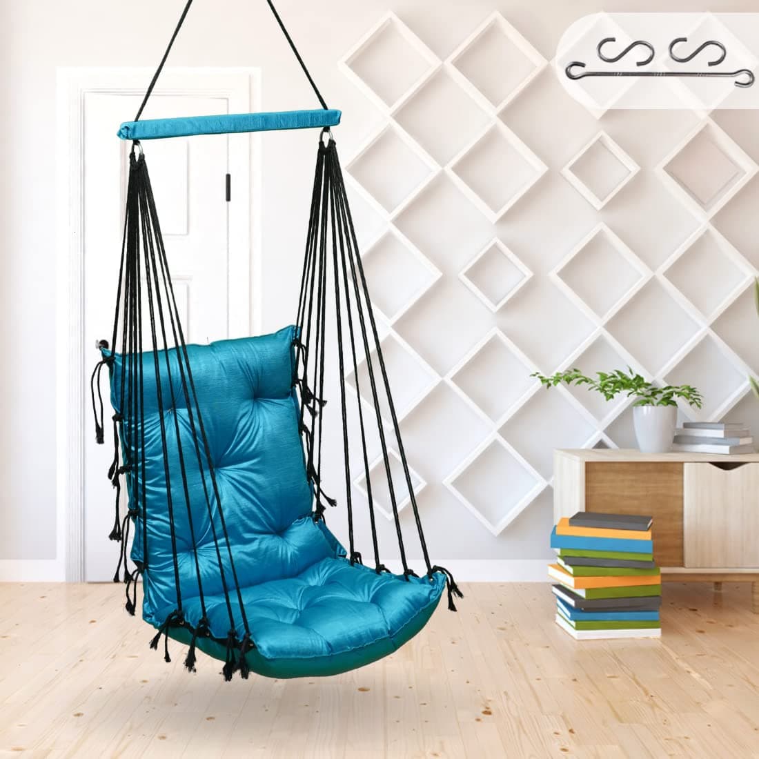 Patiofy Jhula for Adults/Swing for Living Room/Swing for Adults/Jhoola/Wooden Swing/Hammock Swing/Suitable for Indoor & Outdoor/ 100Kgs Weight Bearing Capacity (Sky Blue)