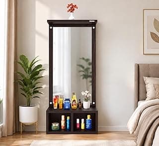 Wooden Dressing with Storage Shelf for Bedroom, Modern Vanity Mirror Organizer, Stylish Bedroom Furniture for Makeup & Daily Essentials, Large HD Wall Mirror for Home Décor Dark Finish
