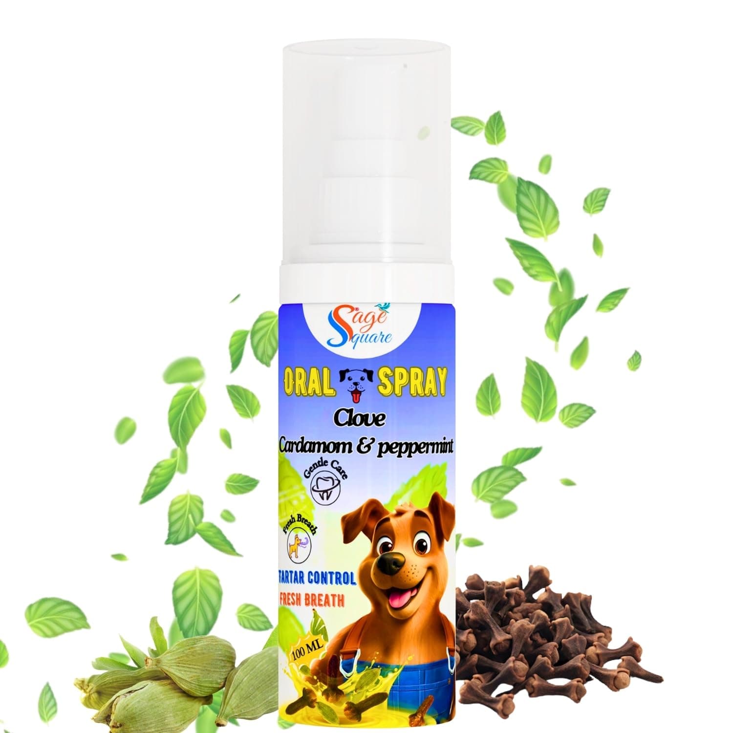 Sage Square Dog Mouth Spray: Clove, Cardamom & Peppermint Oral Spray, Easy Brushless Cleaning, Reduces Plaque & Freshens Breath Instantly, Teeth & Gum Spray, Dog & Cat Mouth Care, Fresh Breath(100ml)