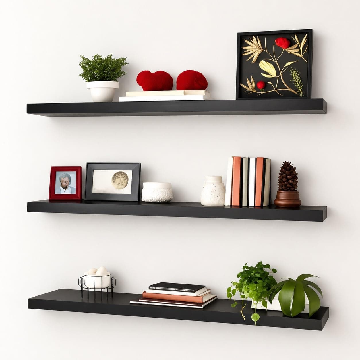 CHARMWUD Floating Wall Shelves Set of 3 | Wall Mounted 17 Inch Engineered | Glossy Black Wall Shelf for Living Room