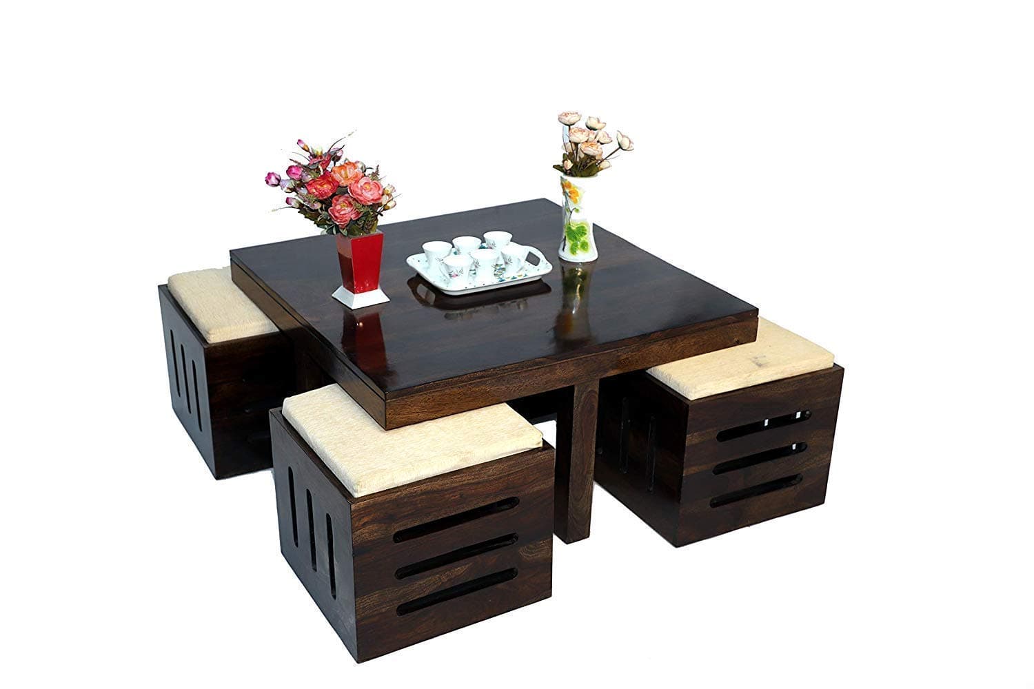 CRAFT D ARTS Solid Sheesham Wood Coffee Table Set with 4 Cushioned Stools for Living Room | Space Saving Center Table with Nested Seating | Modern Tea Table Furniture for Home & Office | Dark Walnut